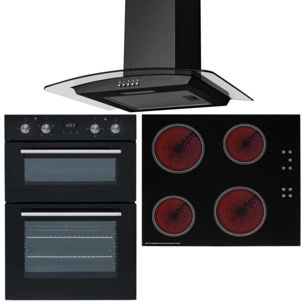 SIA 60cm Black Built In Double Oven, 4 Zone Ceramic Hob & Chimney Cooker Hood - Naamaste London -1