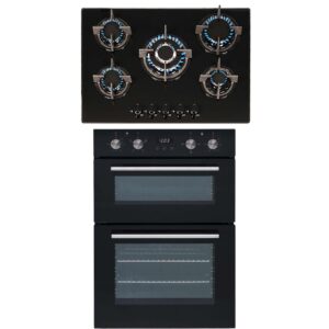 SIA 60cm Built In Electric Double Oven & 70cm Black Glass 5 Burner Gas Hob - Naamaste London - 1