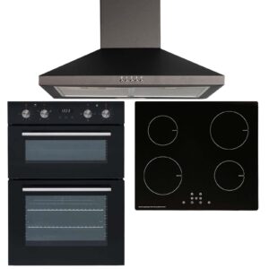 SIA 60cm Black Built In Double Oven, 4 Zone Induction Hob & Cooker Hood Extractor Fan - Naamaste London - 1