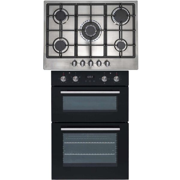 SIA 60cm Black Built In Double Oven And Stainless Steel 70cm 5 Burner Gas Hob - Naamaste London - 1