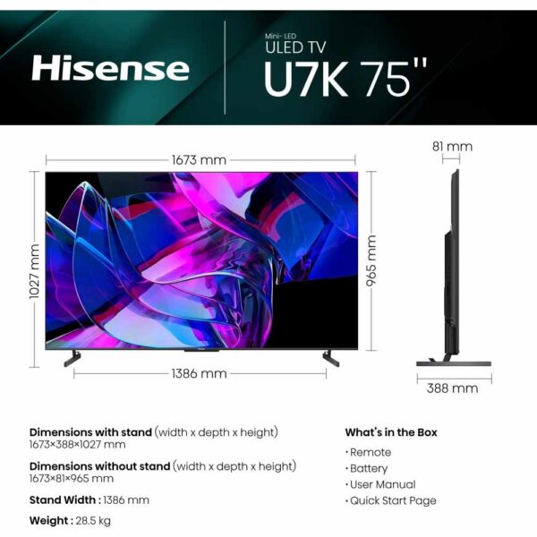 Hisense TV, 75 Inch Mini LED 4K Ultra HD - U7 Series 75U7KQTUK - Naamaste London Homewares - 2