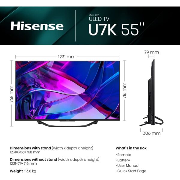 Hisense TV, 55 Inch Mini LED 4K Ultra HD - U7 Series 55U7KQTUK - Naamaste London Homewares - 2