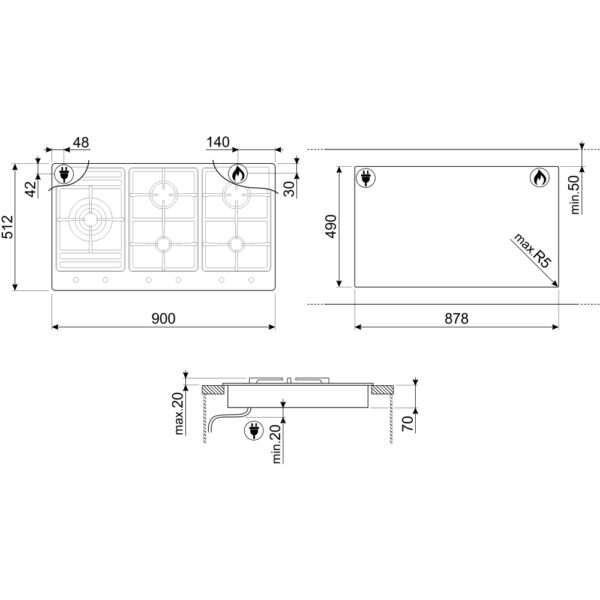 90cm 5 Burner Smeg Gas Hob Stainless Steel - PS9062 - Naamaste London Homewares - 2