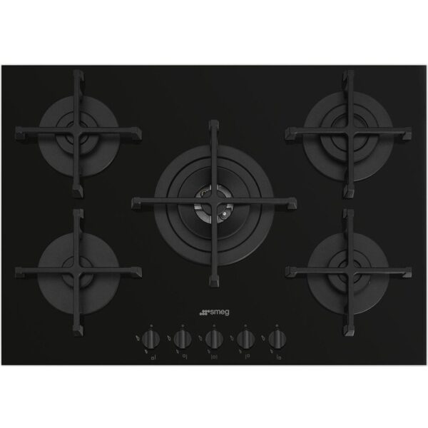 70cm 5 Burner Smeg Gas Hob Black on Glass - PV275B - Naamaste London Homewares - 1