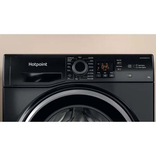 8Kg AntiStain 40 Hotpoint Washing Machine, Black, B Rated - NSWR845CBSUKN - Naamaste London Homewares - 6