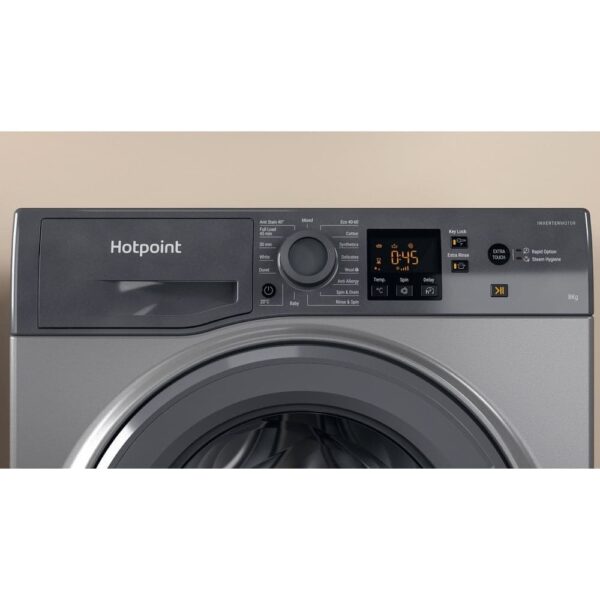 8kg Hotpoint Washing Machine, Grey, B Rated - NSWM845CGGUKN - Naamaste London Homewares - 7