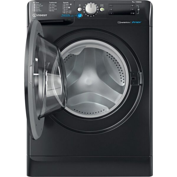 9kg Indesit Washing Machine, 1400 Spin, Black, A Rated - BWE91496XKUKN - Naamaste London Homewares - 2