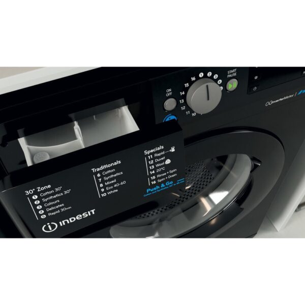 9kg Indesit Washing Machine, 1400 Spin, Black, A Rated - BWE91496XKUKN - Naamaste London Homewares - 6