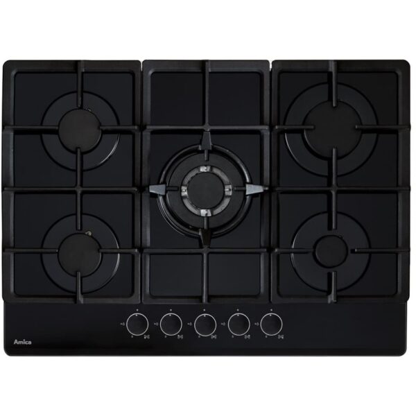 70cm 5 Burner Gas Hob, Black on Glass - Amica AGVH7300BL - Naamaste London Homewares - 1