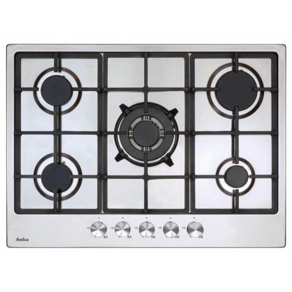 70cm 5 Burner Gas Hob, Stainless Steel - Amica AGH7100SS - Naamaste London Homewares - 1