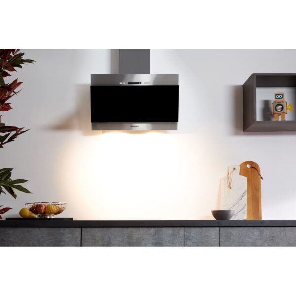 60cm Chimney Cooker Hood, Stainless Steel and Black - Hotpoint PHVP64FALK - Naamaste London Homewares - 2