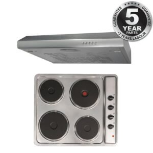 SIA 60cm 4 Zone Electric Hob / Solid Plate , Stainless Steel & Visor Cooker Hood Fan