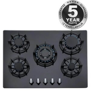70 cm Black Glass 5 Burner Gas Hob with Cast Iron Pan Stands - SIA R8