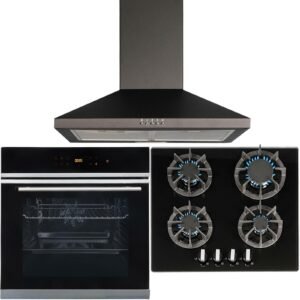 SIA 60cm Black Digital Electric Oven, 4 Burner Gas Hob & Chimney Cooker Hood