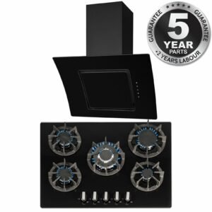 SIA 70cm Black 5 Burner Gas Hob & Angled Curved Glass Cooker Hood