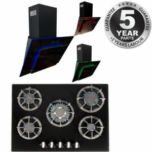 SIA 70cm Black 5 Burner Gas Hob & Multi Colour LED Angled Cooker Hood