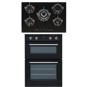 SIA 60cm Built In Electric Double Oven & 70cm Black Glass 5 Burner Gas Hob