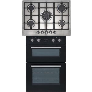 SIA 60cm Black Built In Double Oven And Stainless Steel 70cm 5 Burner Gas Hob